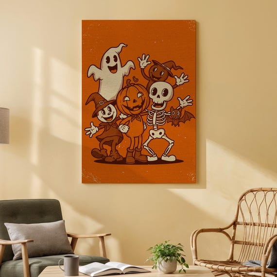 Vintage Halloween Friends Canvas Wall Art Cute Pumpkin Skeleton Print Retro Spooky Kids Decor For Living Room Or Nursery