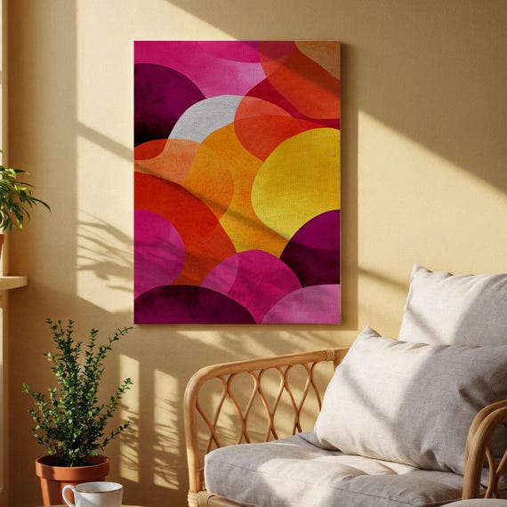 Colorful Abstract Canvas Wall Art Bold Geometric Circles Print In Pink Orange And Yellow Modern Statement Artwork For Living Room