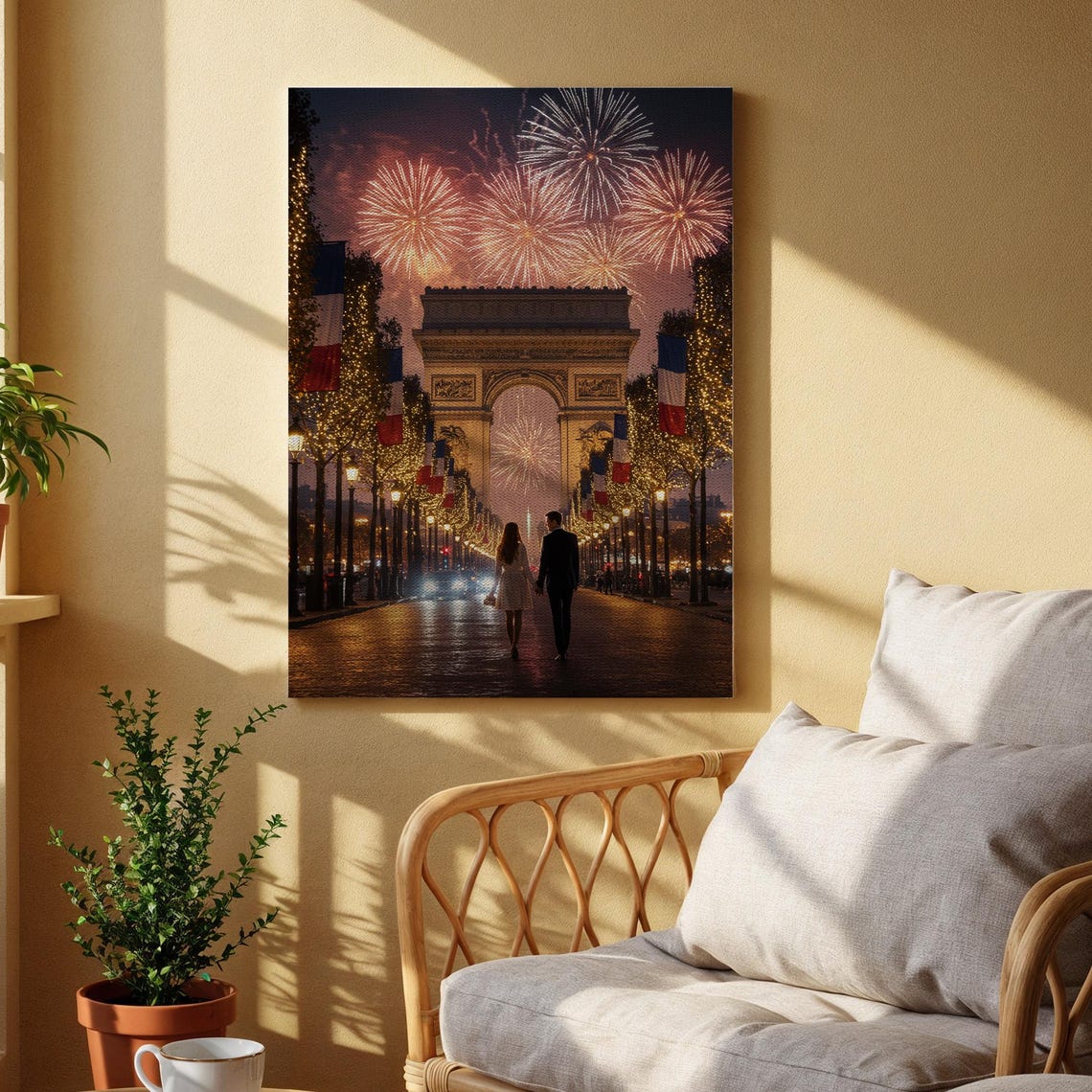Romantic Paris Arc de Triomphe Fireworks Night Couple Wall Art