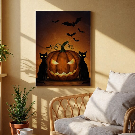 Black Cat And Pumpkin Halloween Canvas Wall Art Spooky Autumn Night Print Gothic Orange Decor For Living Room Office Or Seasonal Display