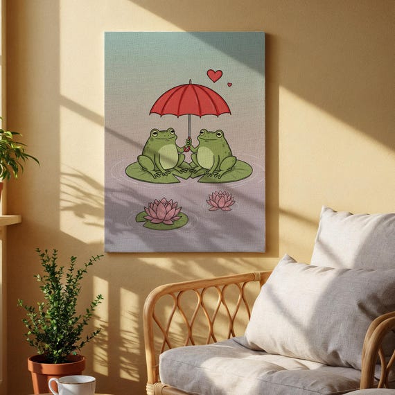 Romantic Frog Couple Canvas Wall Art Cute Love Illustration With Red Umbrella Whimsical Nature Print For Bedroom Or Nursery Decor