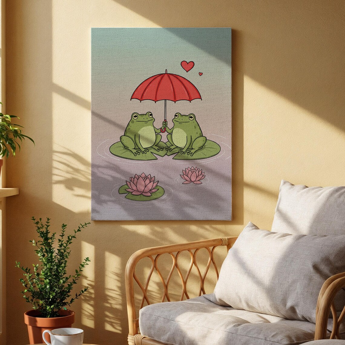 Cute Frog Couple Under Umbrella Poster Love Lotus Flower Art