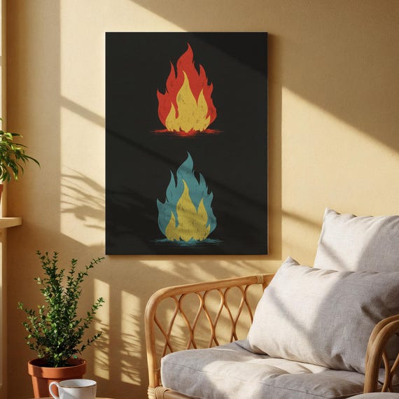 Colorful Flame Abstract Poster Print On Wood Red And Blue Fire Artwork Modern Minimalist Design For Living Room Bedroom Or Office Decor