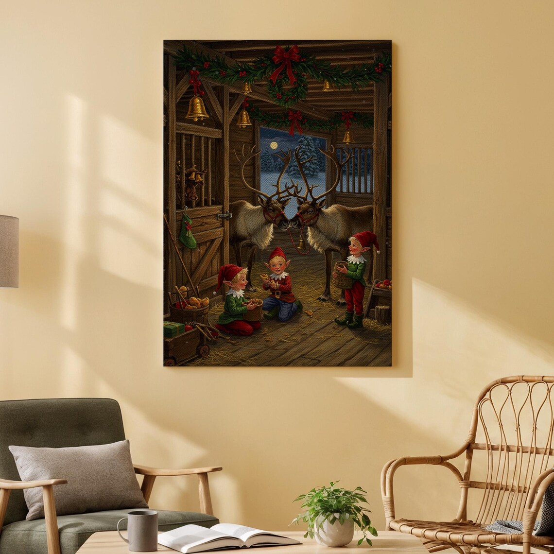 Christmas Elves Feeding Reindeer Cozy Barn Stable Holiday Art Poster