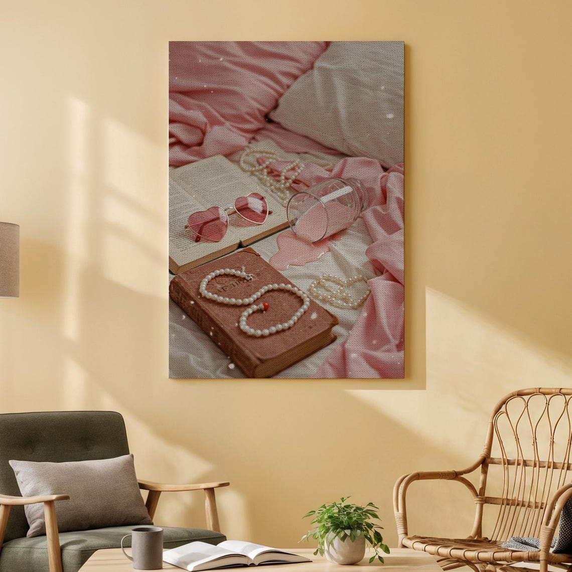 Pink Jewelry Flat Lay With Pearls And Heart Sunglasses Wall Art