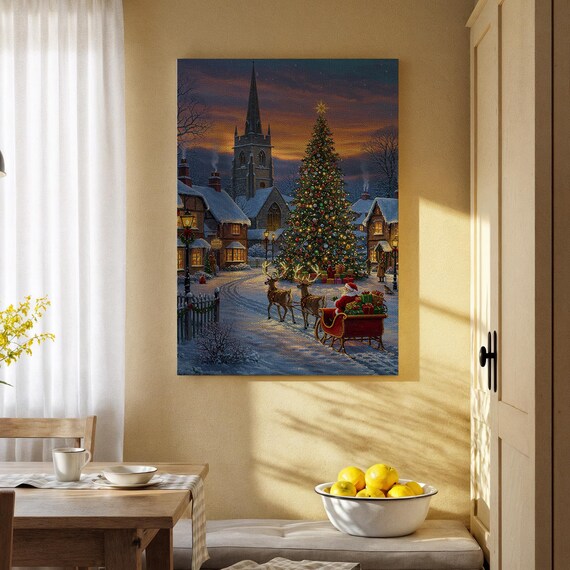 Santa Sleigh Reindeer Village Christmas Tree Dusk Holiday Poster