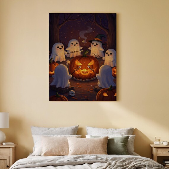 Gathering Canvas Art Cute Halloween Wall Print Spooky Pumpkin Campfire Decor For Living Room Kids Or Seasonal Spaces