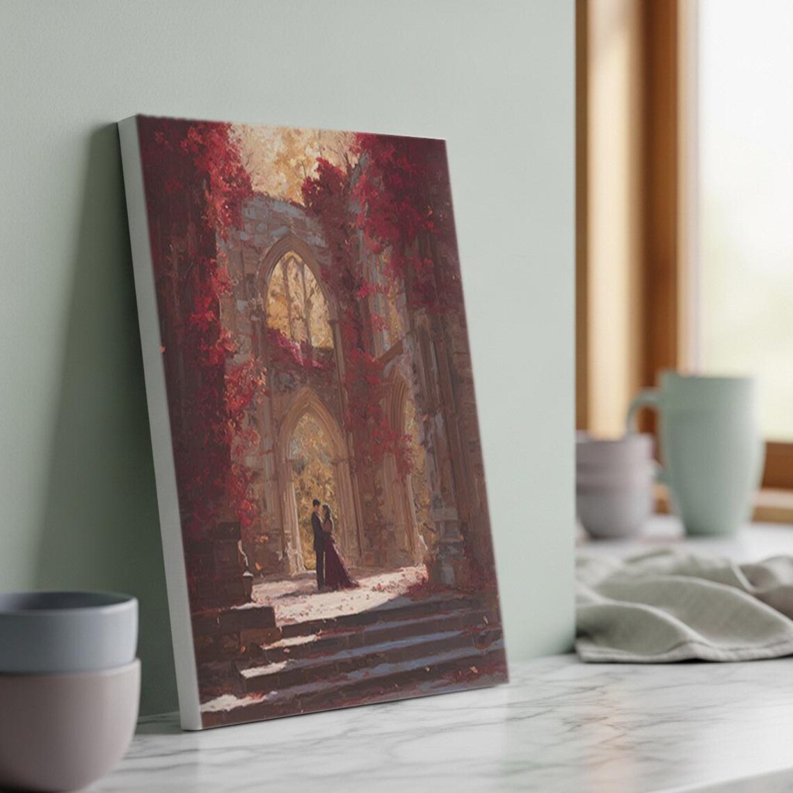 Gothic Ruins Romance Couple In Red Leaf Archway Autumn Love Poster