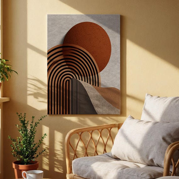 Geometric Sunset Canvas Wall Art Abstract Minimal Print With Arches And Red Sun Modern Mid Century Inspired Artwork For Home Or Office