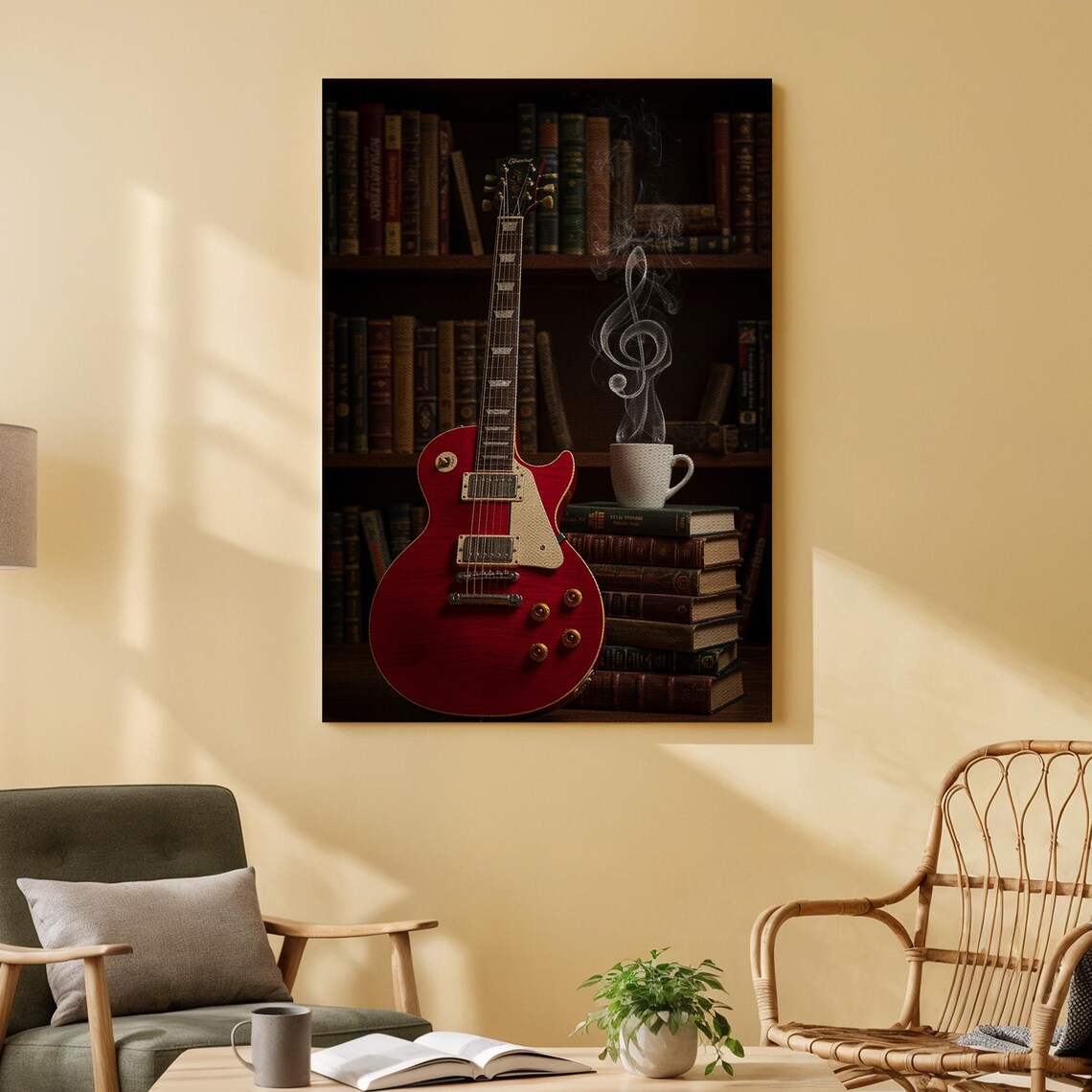 Red Electric Guitar and Coffee Music Lovers Retro Bookshelf Wall Art