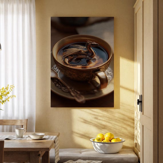 Dragon In Teacup Artwork Print On Wood Fantasy And Magic Design Surreal For Living Room Kitchen Or Office Decor Art