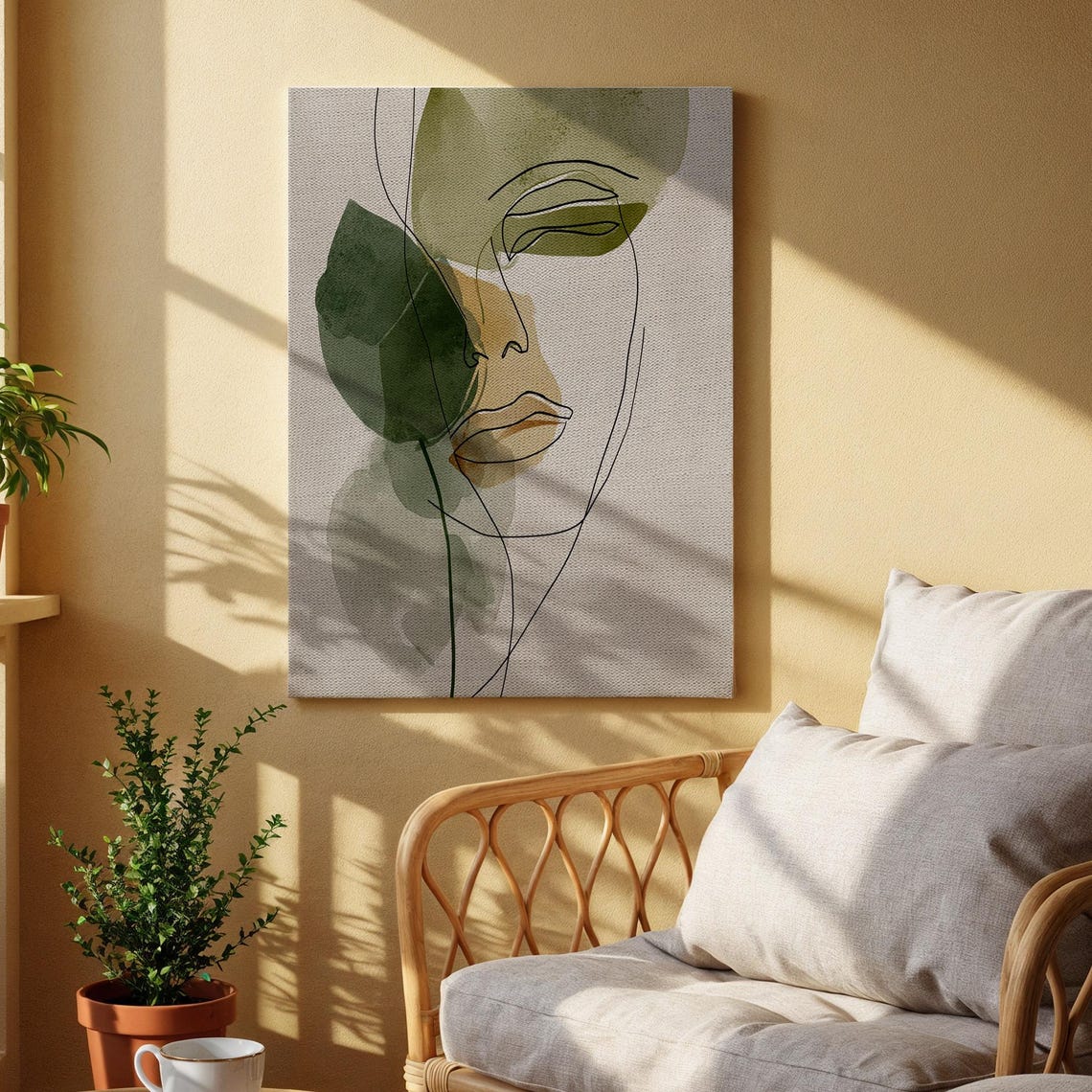 Minimalist Line Art Face Green Leaf Modern Abstract Canvas Print