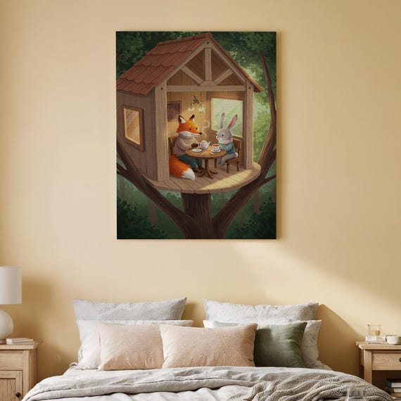 Fox And Rabbit Canvas Wall Art Cozy Treehouse Tea Time Illustration Whimsical Kids Room Nursery Or Playroom Decor Cute Animal