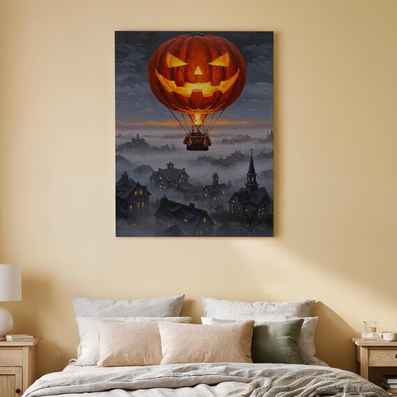 Pumpkin Balloon Canvas Art Spooky Halloween Wall Print Haunted Night Sky Decor For Living Room Office Or Seasonal Spaces