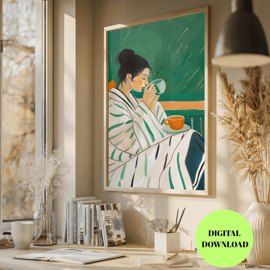 Cozy Girl With Mug Illustration, Watercolor Woman