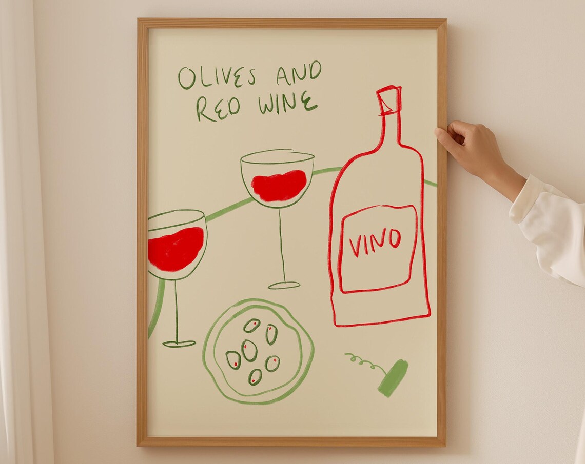 Olives And Red Wine Vino Bottle Sketch Italian Kitchen Poster