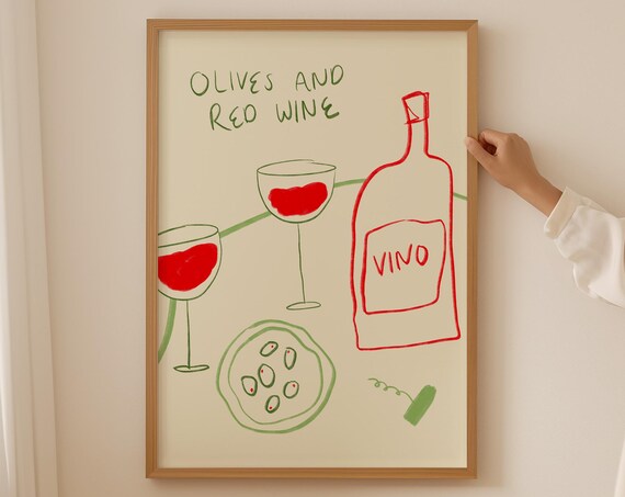 Olives And Red Wine Vino Bottle Sketch Italian Kitchen Poster