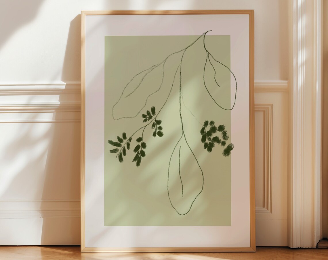 Sage Green Botanical Eucalyptus Branch Line Art Minimalist Poster
