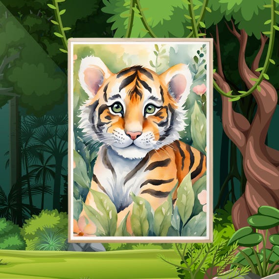 Tiger Cub Watercolor Print Nursery Baby Animal Safari Theme Adorable Art Shower Gift