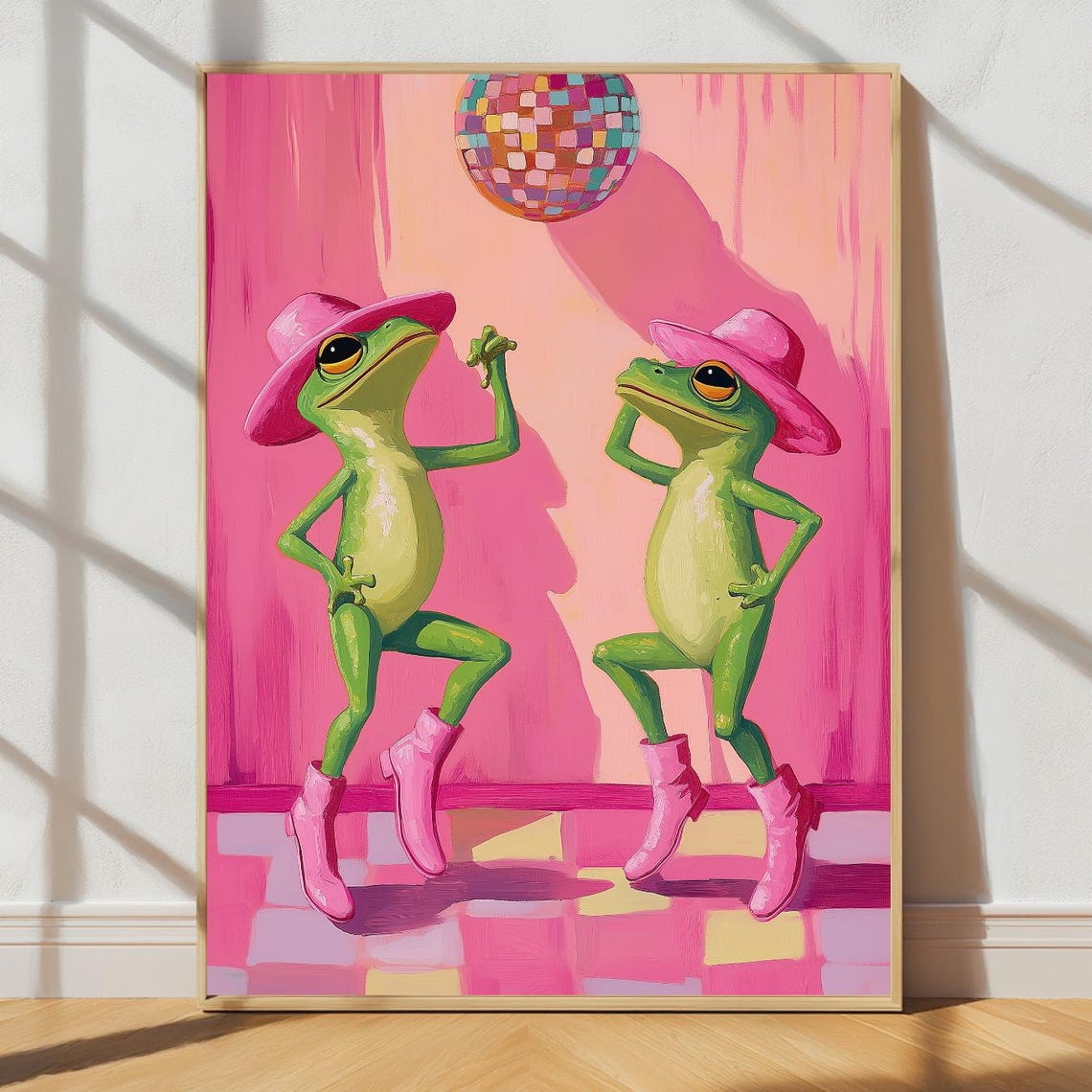 Dancing Frogs Disco Party Pink Cowboy Hats Funny Frog Art Poster