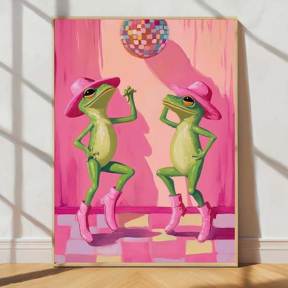 Dancing Frogs Art Print Funny Disco Frog Poster Maximalist Pink Wall Decor Retro Amphibian Illustration Instant