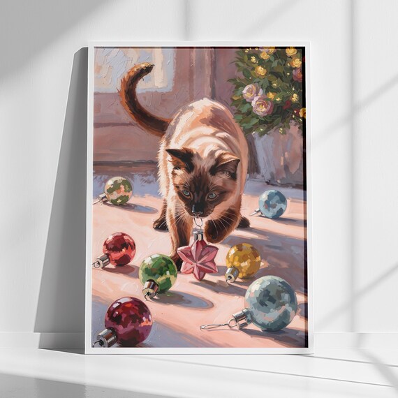 Siamese Cat with Christmas Ornaments Pastel Holiday Artwork Poster