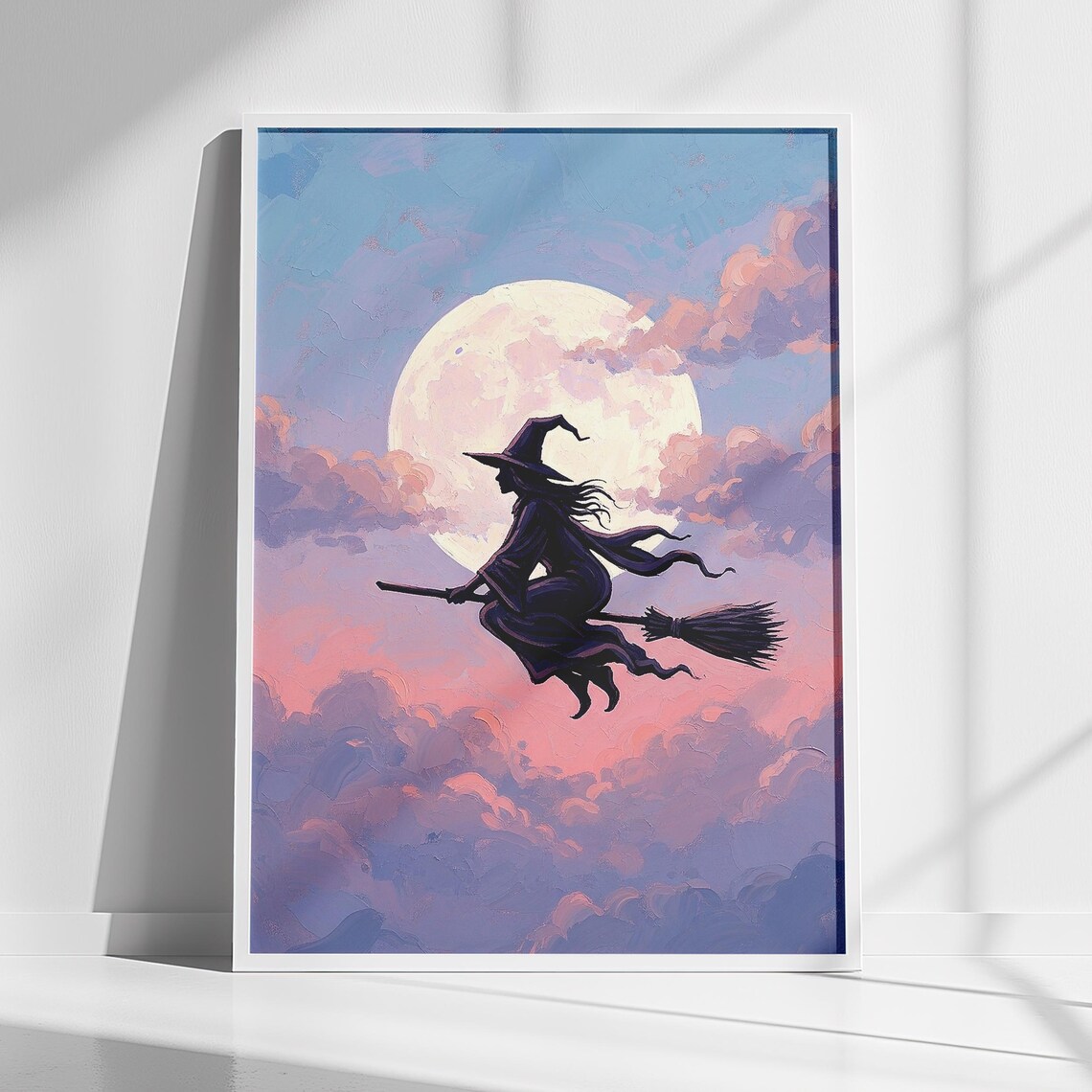 Halloween Wall Art Witch Flying On Moon Girly Pink Print