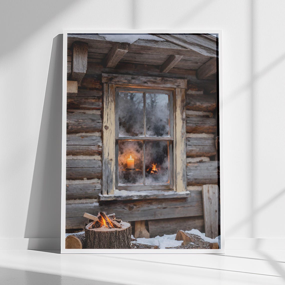 Cozy Log Cabin Window Candle Glow Winter Night Scene Art Poster