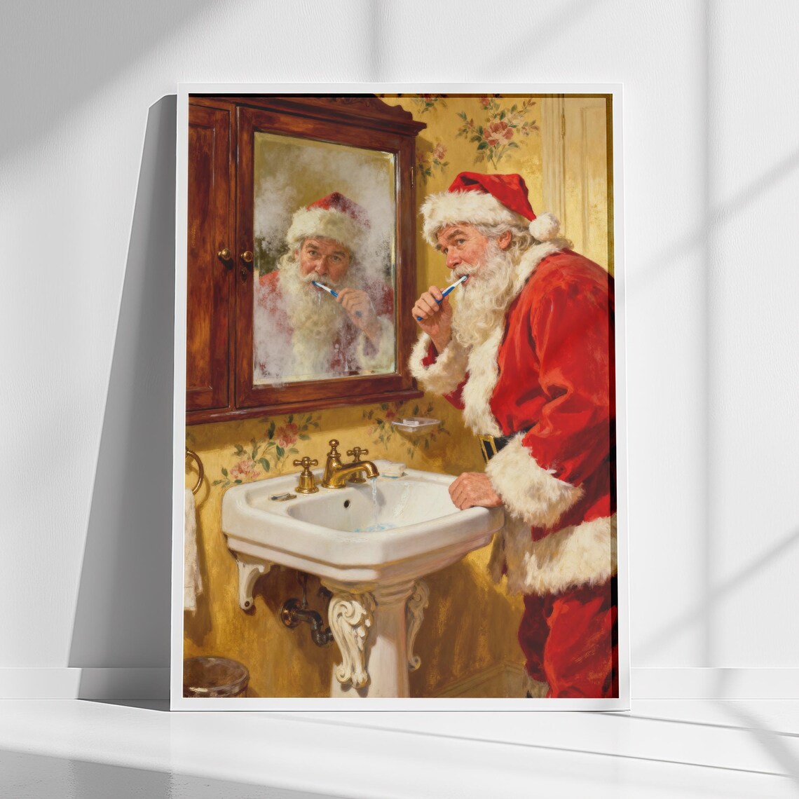 Santa Bathroom Wall Art, Festive Vintage Christmas Print