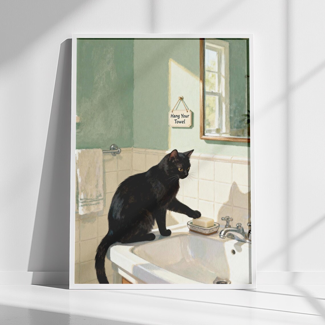 Charming Black Cat on Bathroom Sink Sage Green Vintage Decor Poster