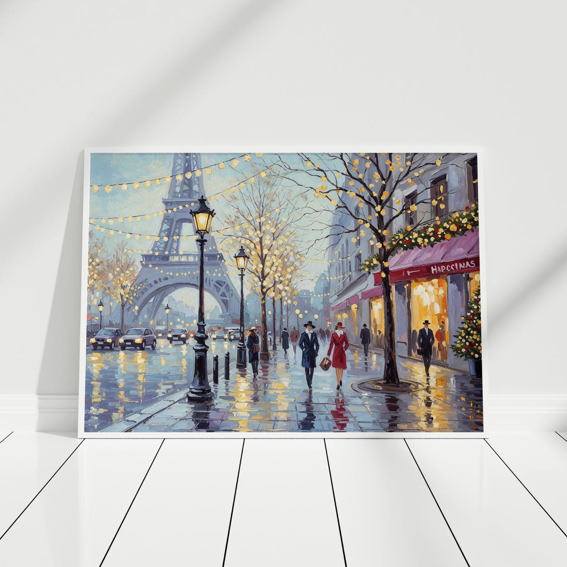 Paris Eiffel Tower Christmas Street Winter Lights Painting Poster