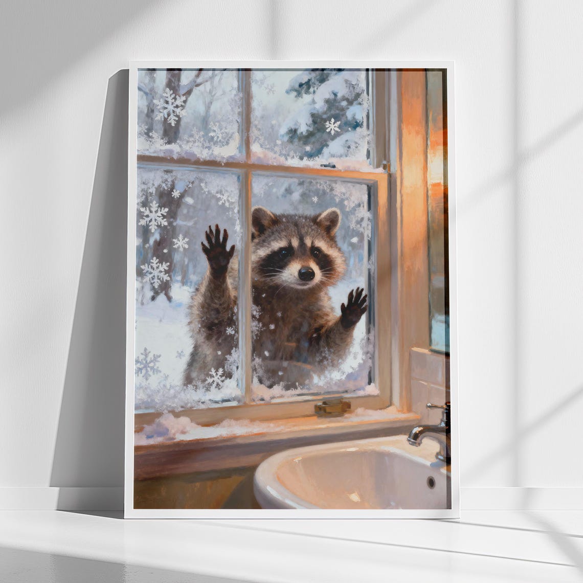 Raccoon Bathroom Wall Art Winter Window Animal Print Instant