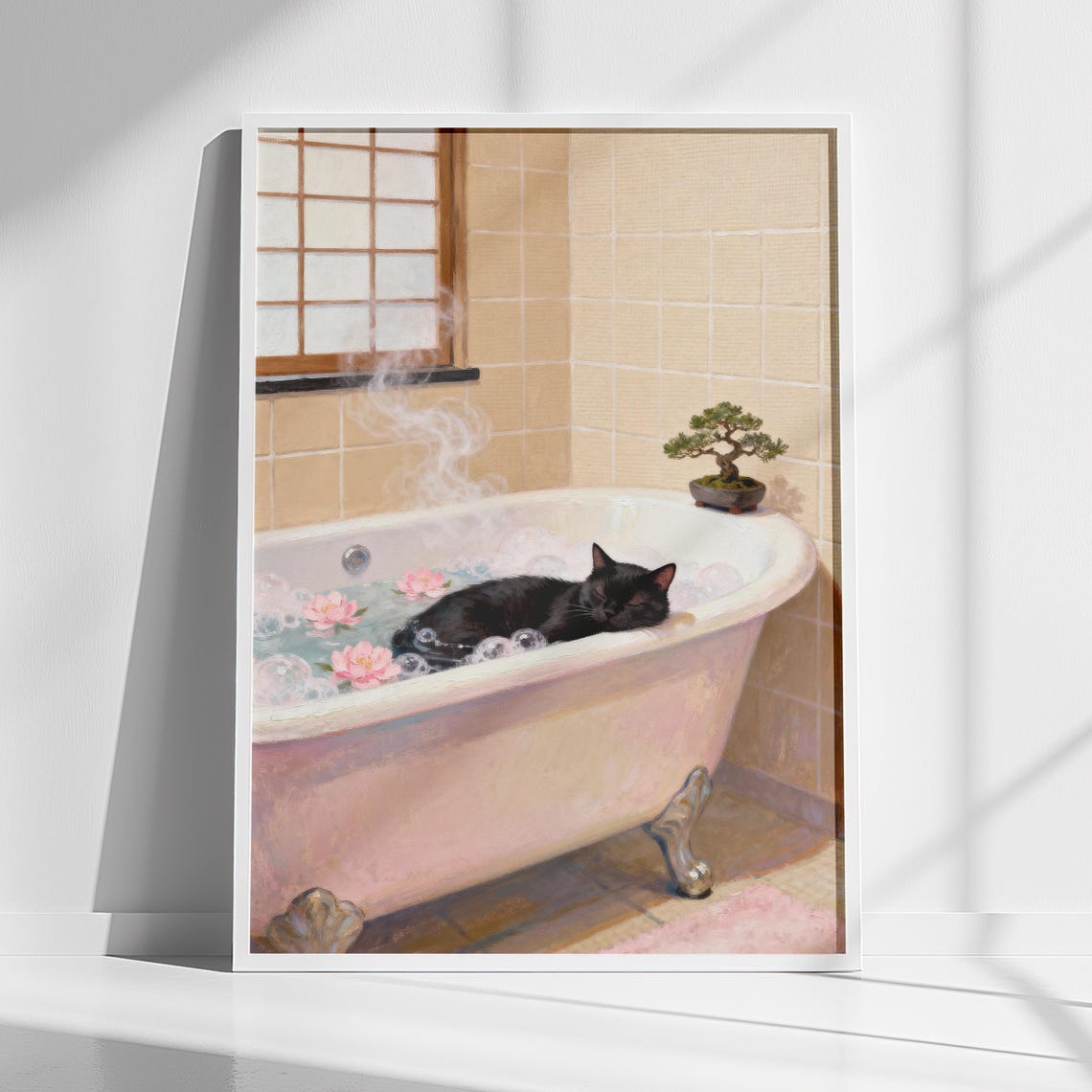 Black Cat Bathtub Flower Petals Japanese Style Bathroom Poster