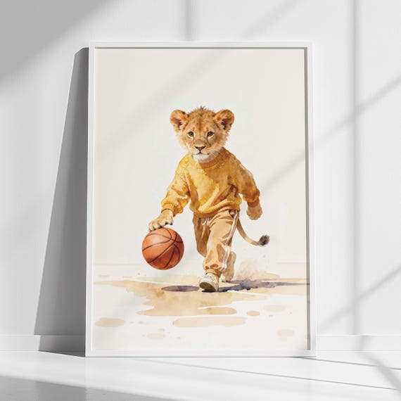 Lion Cub Basketball Wall Art Watercolor Nursery Print Kids Room Decor Instant