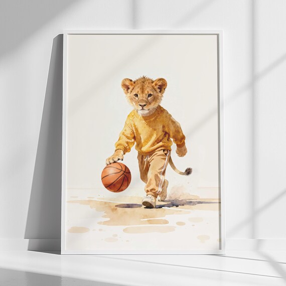 Lion Cub Playing Basketball Watercolor Sporty Kids Room Poster