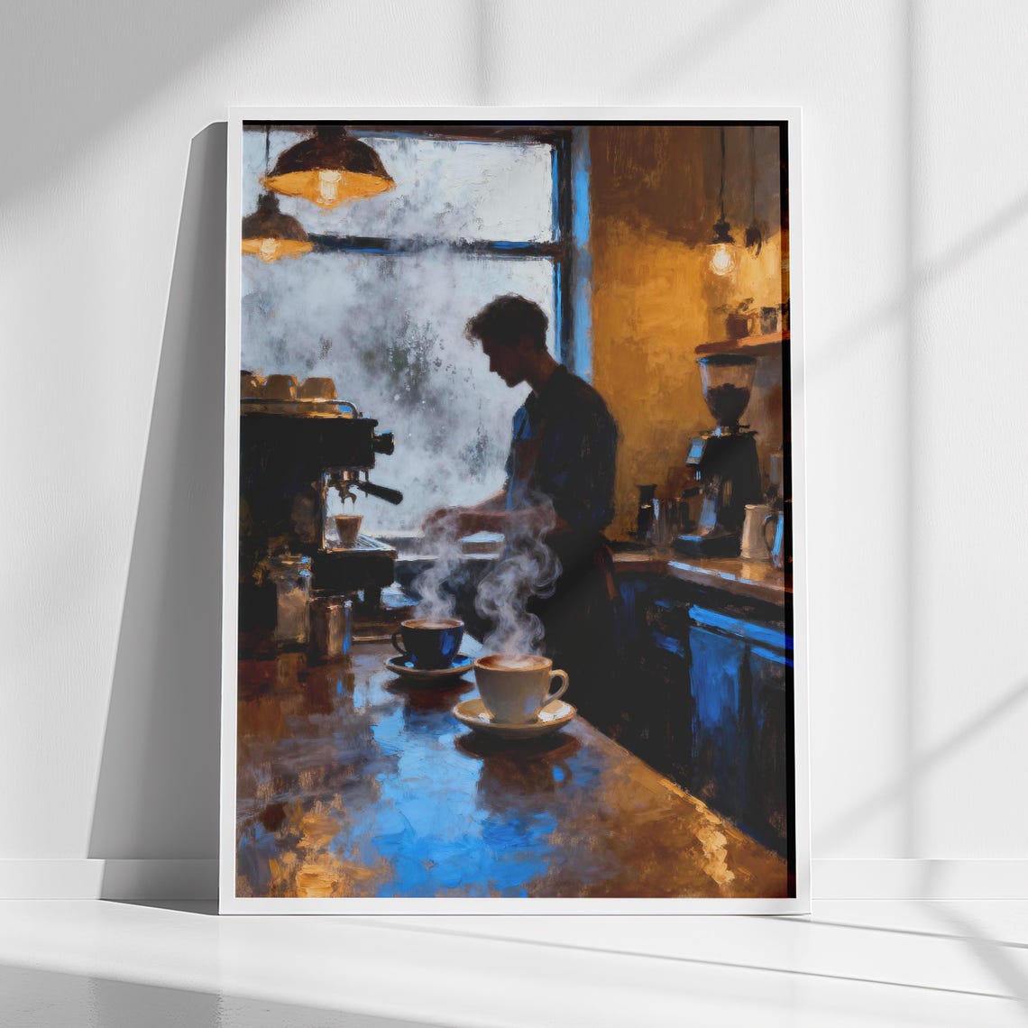 Cozy Warm Coffee Bar Barista Steamy Cups Rainy Window Art Poster