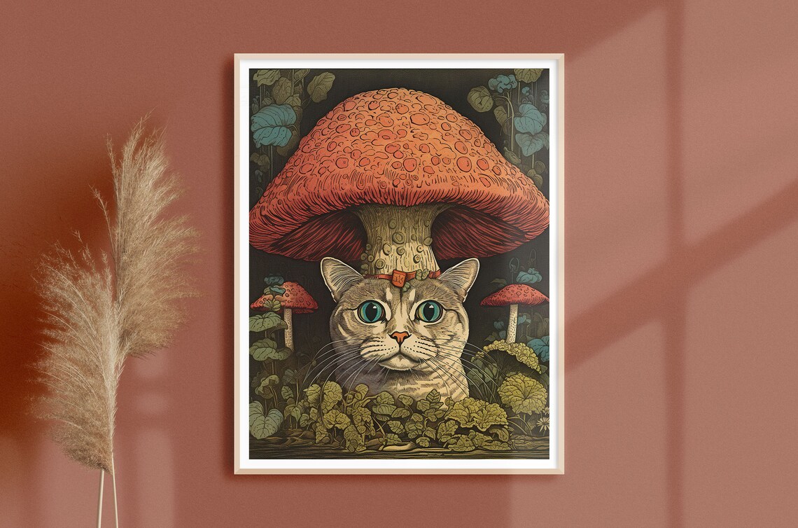 Louis Wain-Inspired Mushroom Cat Art Print, Vintage
