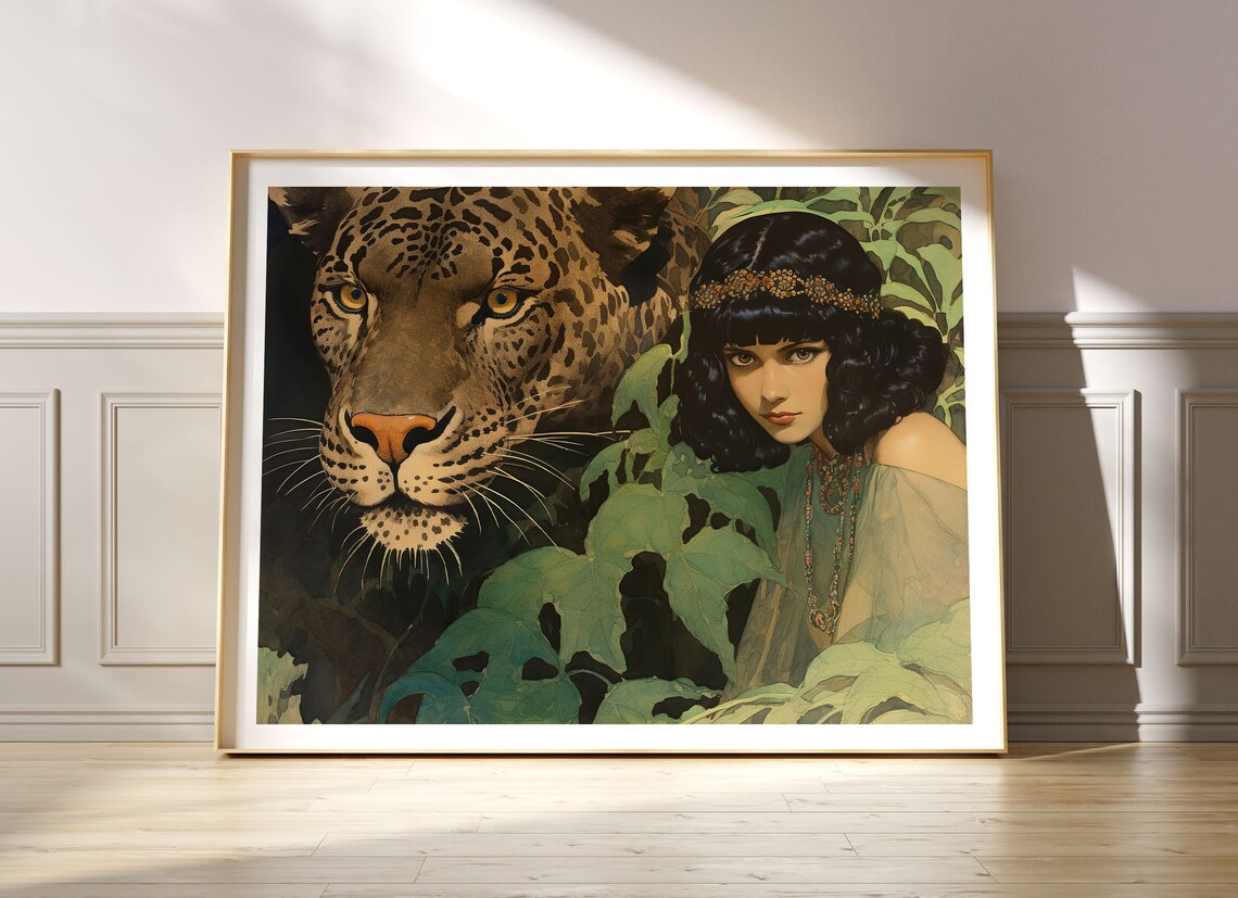 Vintage Woman With Leopard Art Print, Retro Style
