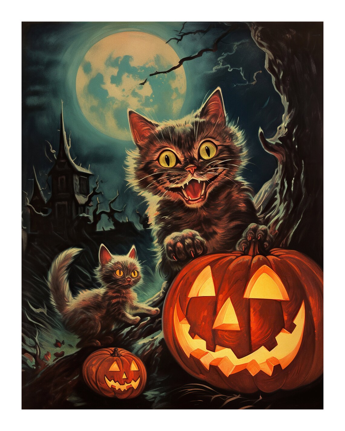 Vintage Illustration Style Halloween Cats Art Print - Image 2