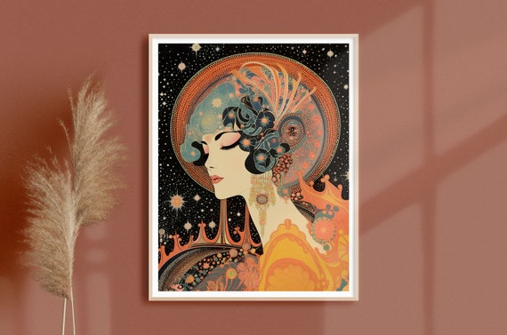 Vintage Art Nouveau Cosmic Goddess Retro Art Print