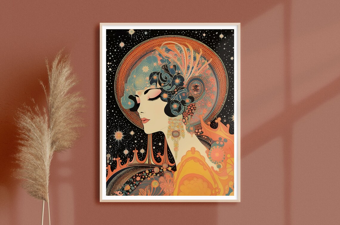 Vintage Art Nouveau Cosmic Goddess Retro Art Print