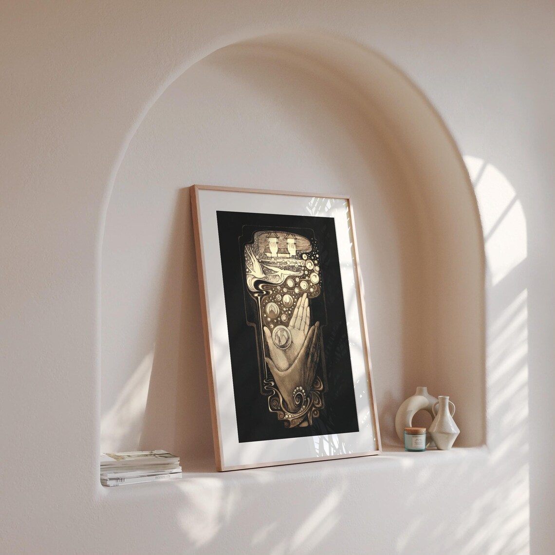 Praying Hands Holding Cosmic Orbs Surreal Art Nouveau Wall Poster - Image 2