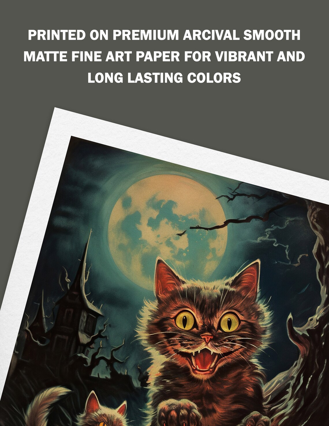 Vintage Illustration Style Halloween Cats Art Print - Image 3