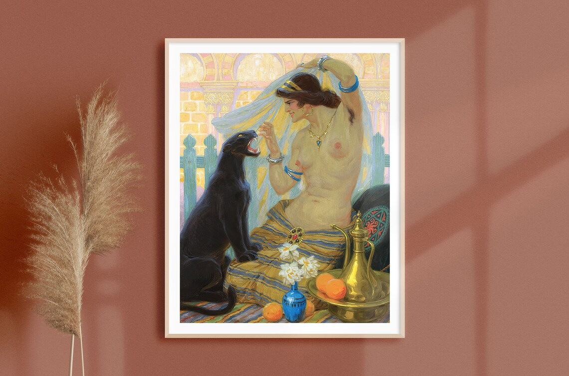 Oriental Woman Taming a Black Panther Vintage Art Nouveau Poster - Image 2