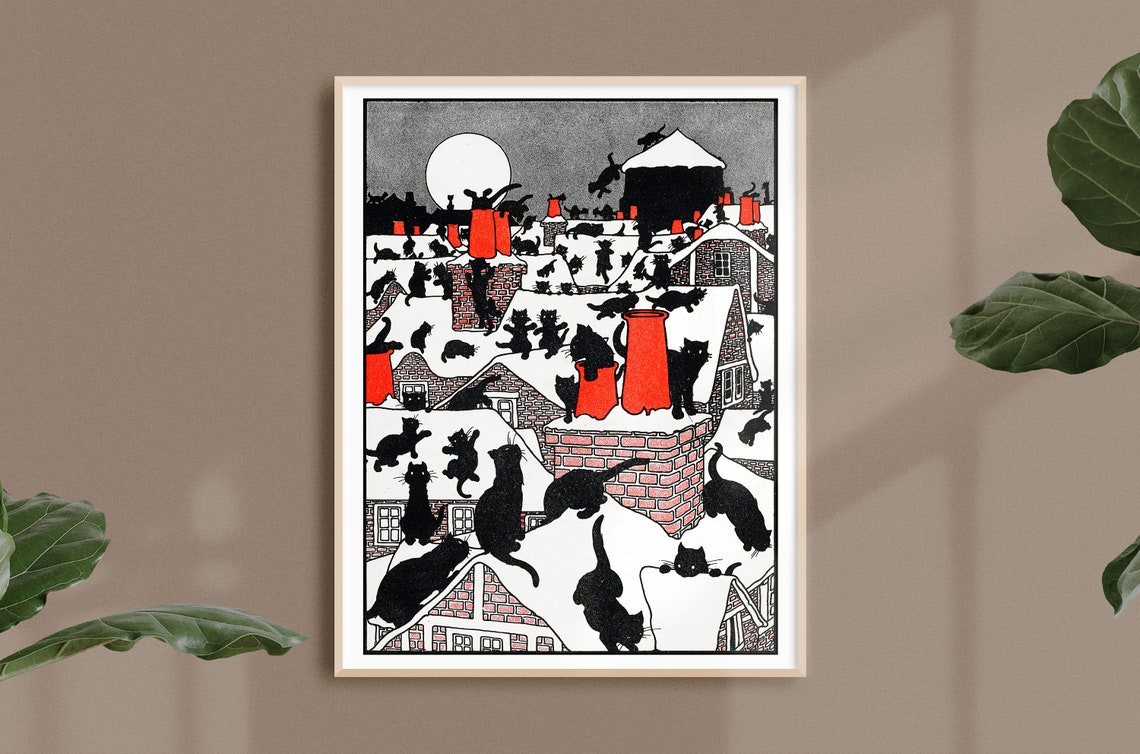 Black Cats on Snowy Rooftops With Red Chimneys Moonlit Poster - Image 2