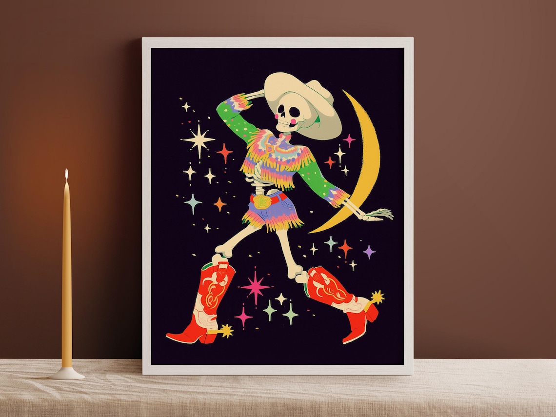 Dancing Cowgirl Skeleton Under a Golden Crescent Moon Poster