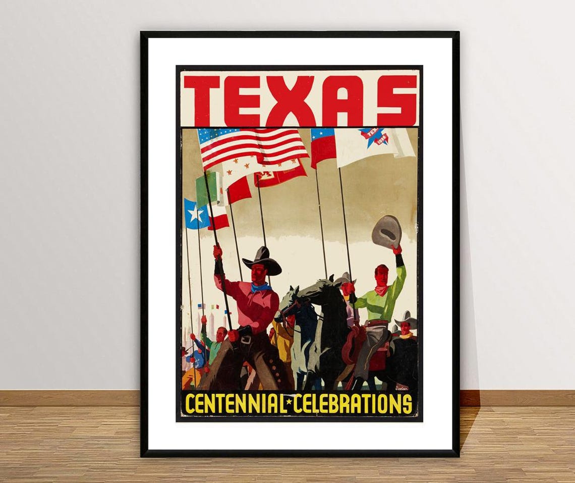 Texas Centennial Celebrations Cowboys Flags Vintage Parade Poster