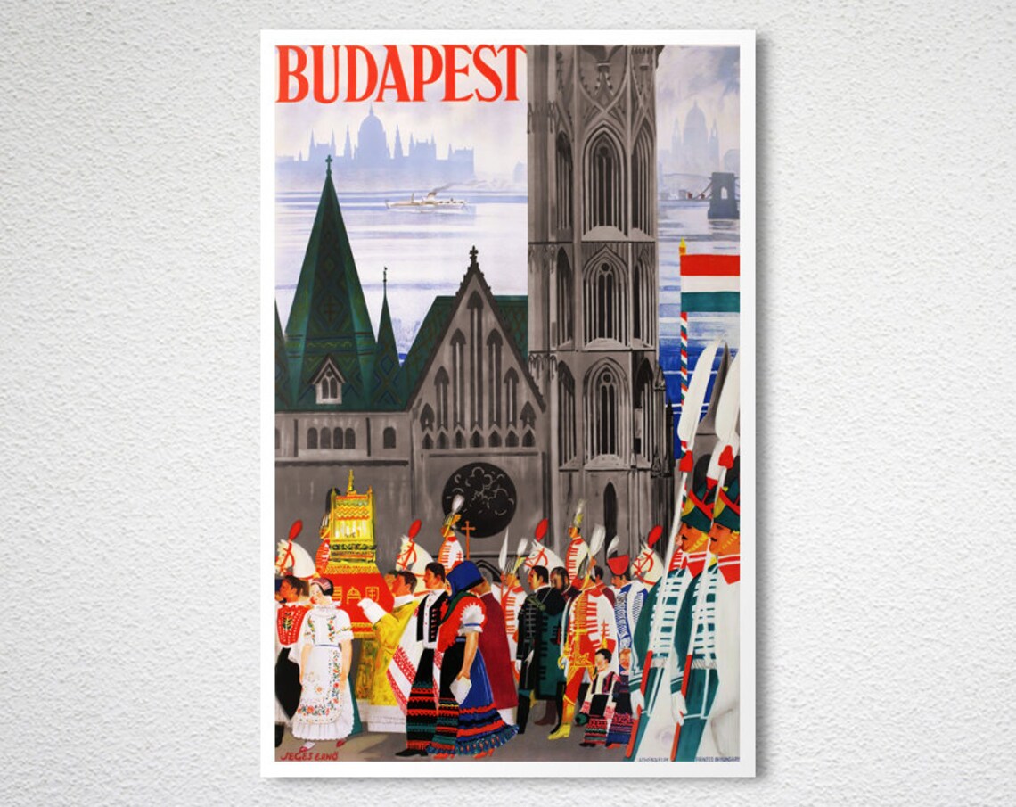 Budapest Hungary Folk Parade Danube Church Vintage Travel Poster - Image 2