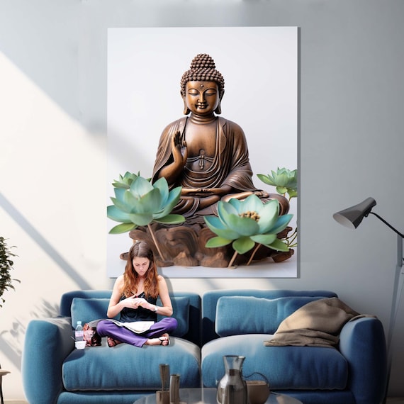 Bronze Buddha Statue Meditation with Teal Lotus Flowers Wall Art