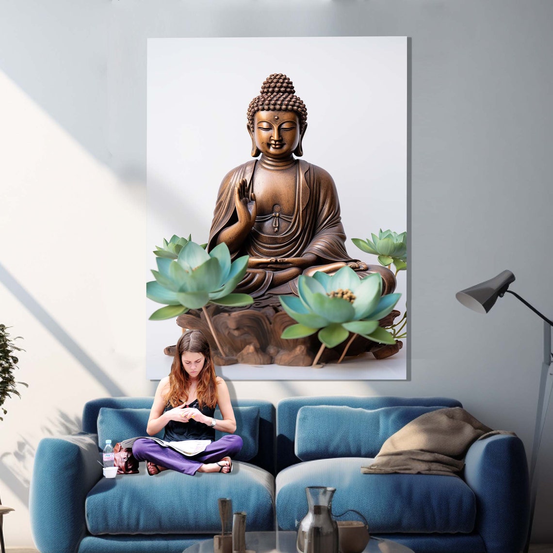 Bronze Buddha Statue Meditation with Teal Lotus Flowers Wall Art